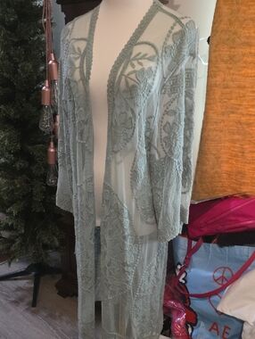 love on a hanger Sheer Embroidered Duster in Sage